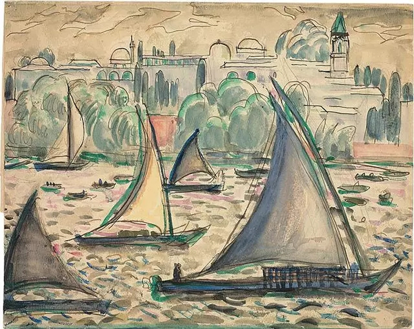 Le Corbusier, Sailboats in the Sea of Marmara, with Constantinople in the background, in pencil, ink and watercolour
